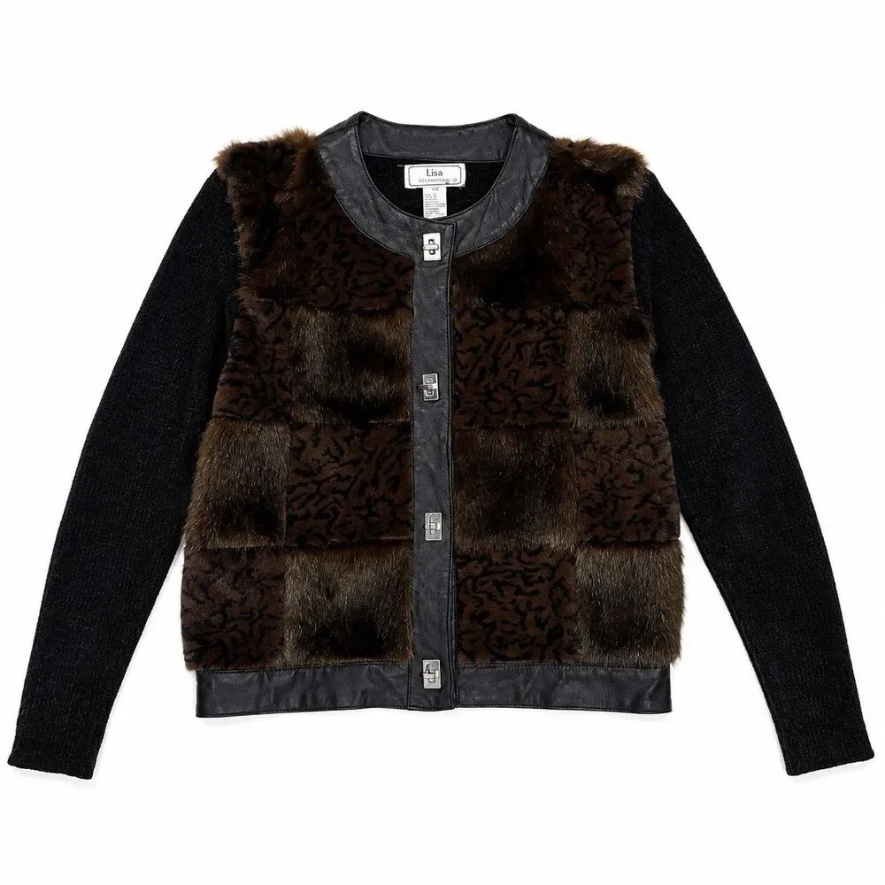 Lisa International Women Y2K Fur Leather Animal Print Cardigan Jacket L